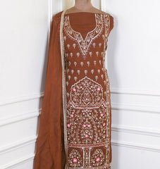 Organza Brown Unstitched Suit