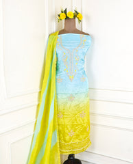 Satin Organza Aqua Lime Unstitched Suit