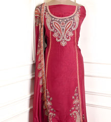 Satin Organza Maroon Unstitched Suit