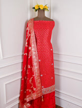 Banarasi Silk Red Unstitched Suit
