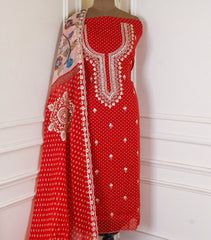 Organza Red Unstitched Suit