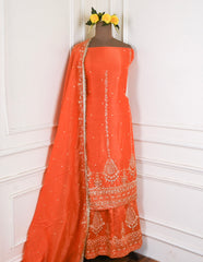 Shimmer Orange Unstitched Lehenga Suit