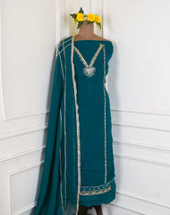 Organza Peacock Blue Unstitched Suit