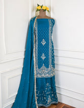 Khadi Blue Unstitched Lehenga Suit