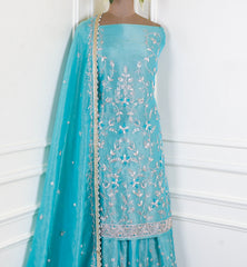 Shimmer Sky Blue Unstitched Lehenga Suit