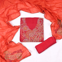 Organza Silk Red Unstitched Suit