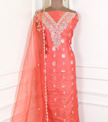 Banarasi Silk Peach Unstitched Suit