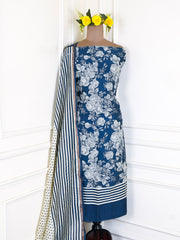 Maheshwari Cotton Navy Blue Unstitched Suit