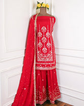 Khadi Red Unstitched Lehenga Suit