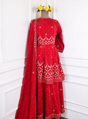 Crepe Maroon Peplum Lehenga Suit