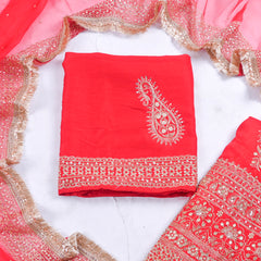 Khadi Red Unstitched Lehenga Suit