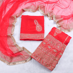 Khadi Red Unstitched Lehenga Suit