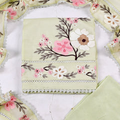 Organza Green Pista floral Unstitched Suit