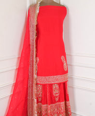 Khadi Red Unstitched Lehenga Suit