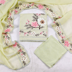 Organza Green Pista floral Unstitched Suit