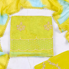 Satin Organza Aqua Lime Unstitched Suit