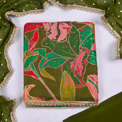 Banarasi Silk Green Unstitched Suit