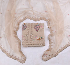Glass Organza Beige Unstitched Suit
