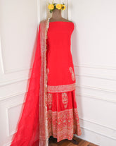 Khadi Red Unstitched Lehenga Suit