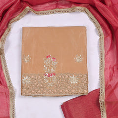 Glass Shimmer Beige Red Unstitched Suit