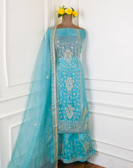 Glass Sky Blue Unstitched Lehenga Suit