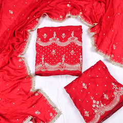 Khadi Red Unstitched Lehenga Suit