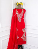 Organza Red Unstitched Suit