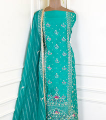 Khadi Teal Blue Unstitched Suit