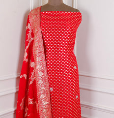 Banarasi Silk Red Unstitched Suit