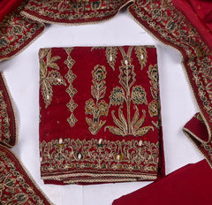 Organza Maroon Unstitched Suit