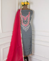 Organza Black & Magenta Unstitched Suit