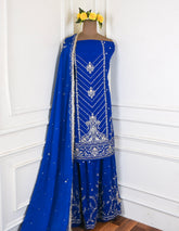 Khadi Blue Unstitched Lehenga Suit