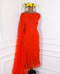 Organza Red Unstitched Suit
