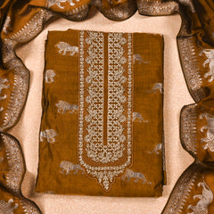 Banarasi Mustard Brown Unstitched Suit
