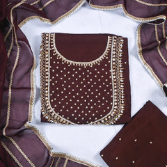 Organza Brown Unstitched Suit
