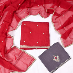 Twill Organza Maroon Unstitched Suit