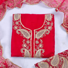 Organza Red Unstitched Suit