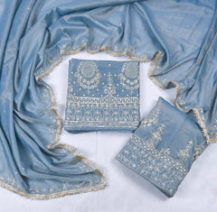 Shimmer Powder Blue Unstitched Lehenga Suit