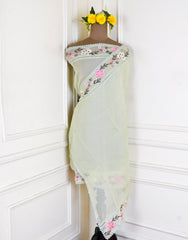 Organza Green Pista floral Unstitched Suit