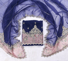 Glass Organza Navy Blue Unstitched Suit