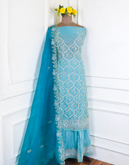 Glass Tissue Ferozi Unstitched Lehenga Suit