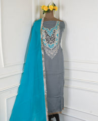 Organza Black & Sky Blue Unstitched Suit