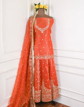 Shimmer Orange Unstitched Lehenga Suit