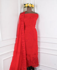 Organza Red Unstitched Suit