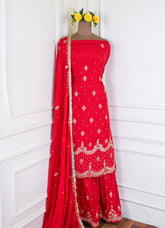 Khadi Red Unstitched Lehenga Suit