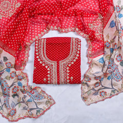 Organza Red Unstitched Suit