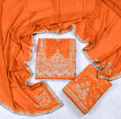 Khadi Orange Unstitched Lehenga Suit