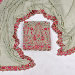 Crepe Pista green Unstitched Suit