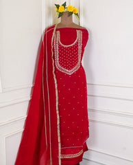 Organza Maroon Unstitched Suit