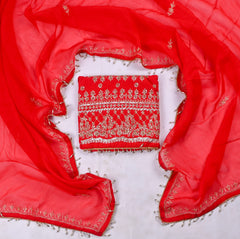 Organza Red Unstitched Suit